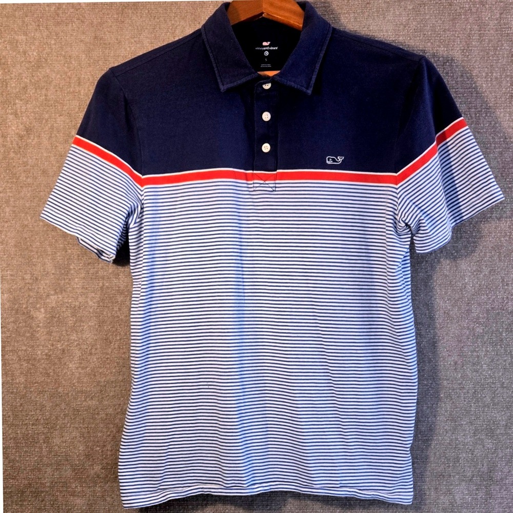 Vineyard Vines Polo Shirt Mens Small White Blue Red Striped Whale Cotton